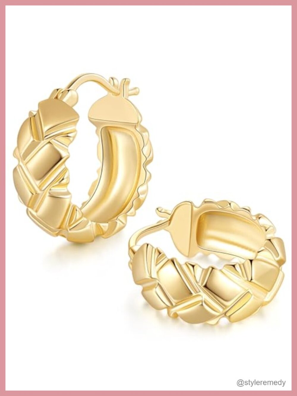 14K Gold Plated Chunky Hoop Earrings Textured Hinged 20mm